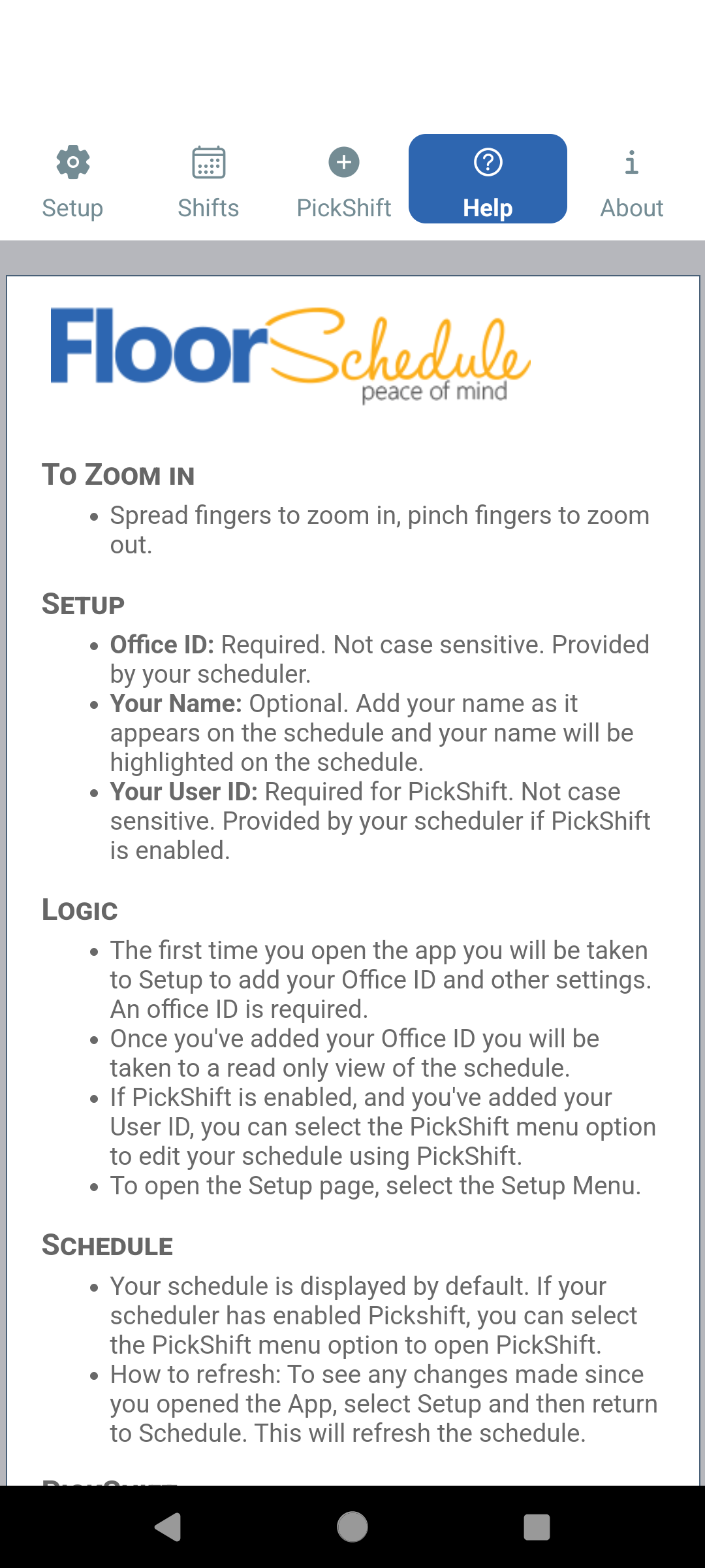 Floor Schedule Phone App Help screen with setup, zoom, schedule and PickShift instructions