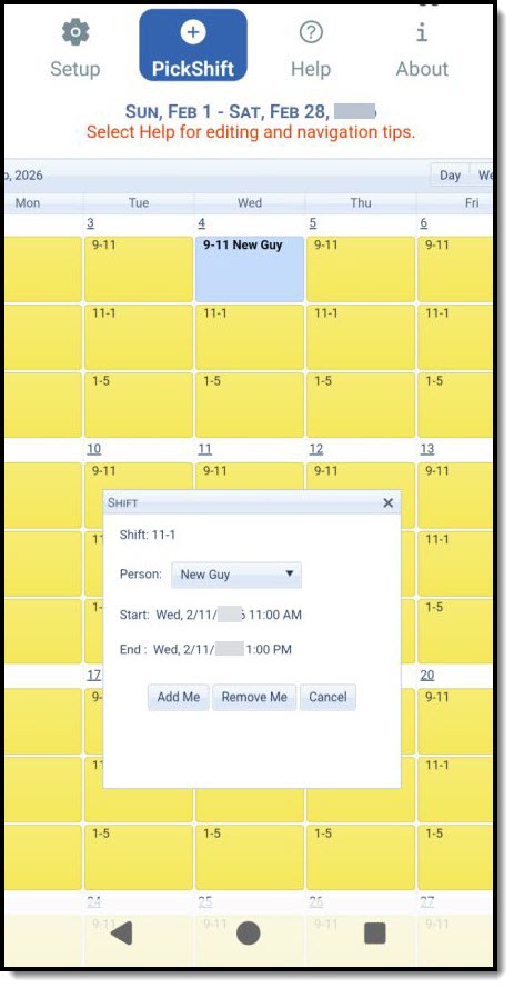 PickShift phone app showing a real estate floor duty schedule and Add Me and Remove Me controls
