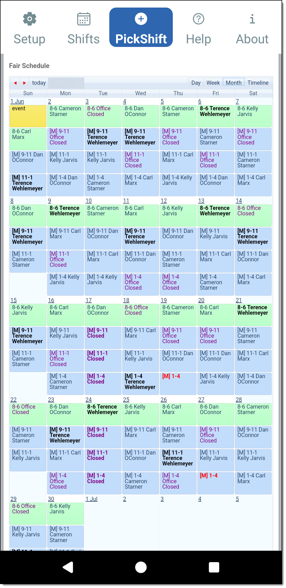 Floor Schedule Phone App PickShift schedule with multiple locations shown in different colors