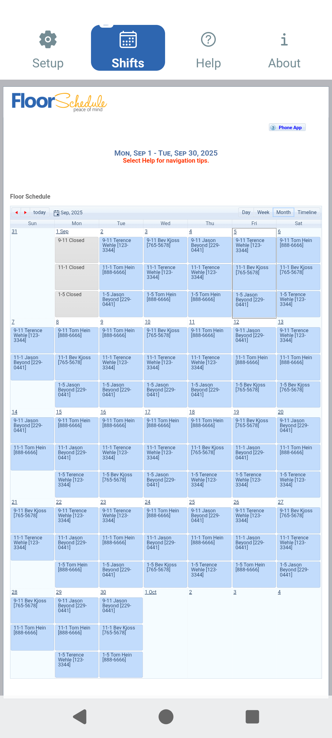 Floor Schedule Phone App Shifts view showing a monthly real estate floor duty schedule
