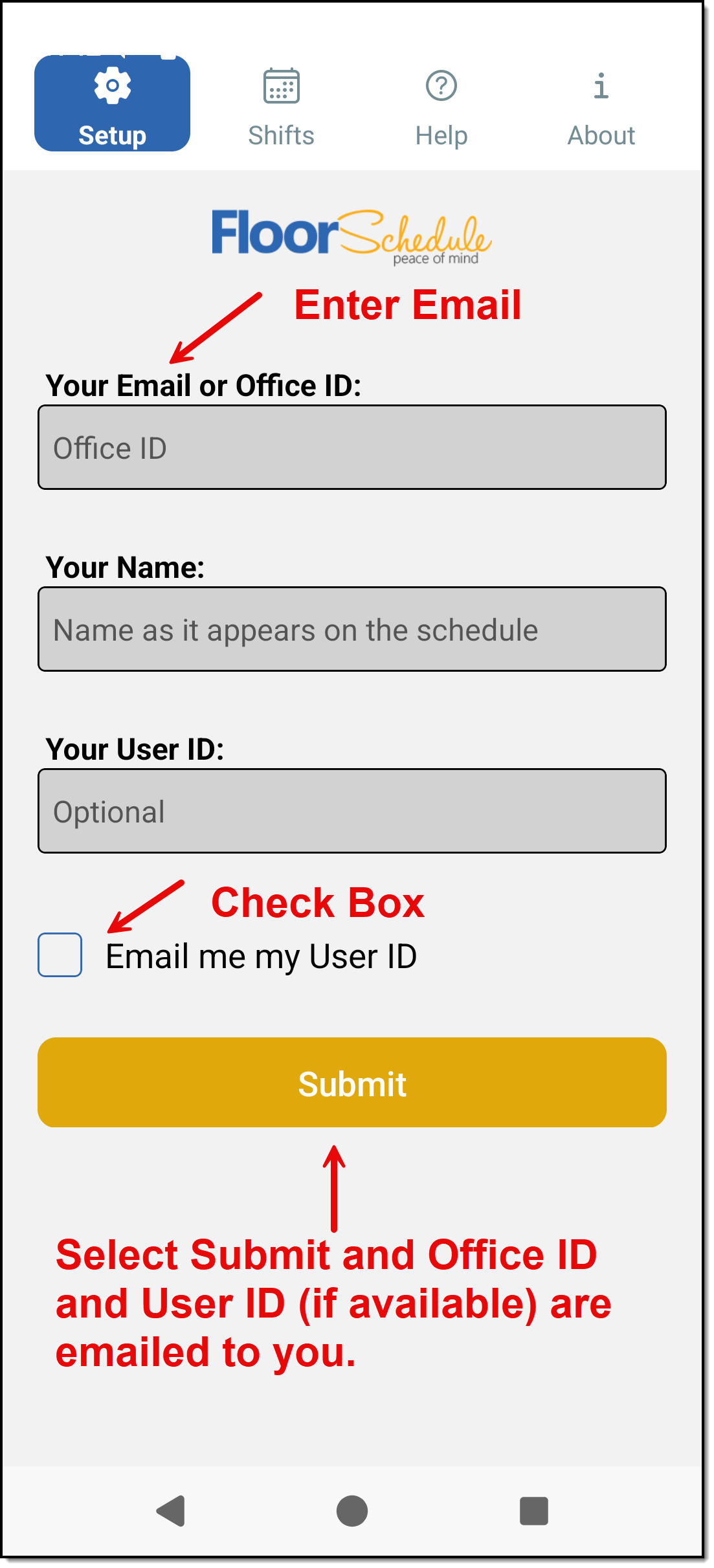 Floor Schedule Phone App Setup screen with Office ID, Name, User ID and Email me my User ID option