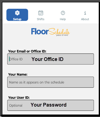 Floor Schedule Phone App Setup screen showing where a scheduler enters the Office ID and scheduler password