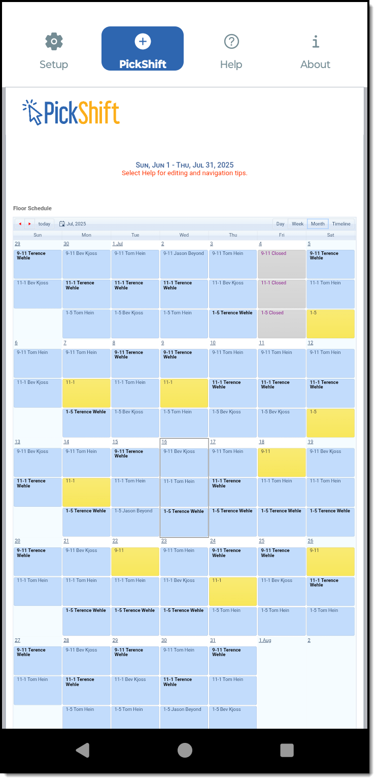 Floor Schedule Phone App PickShift screen showing available and assigned floor duty shifts