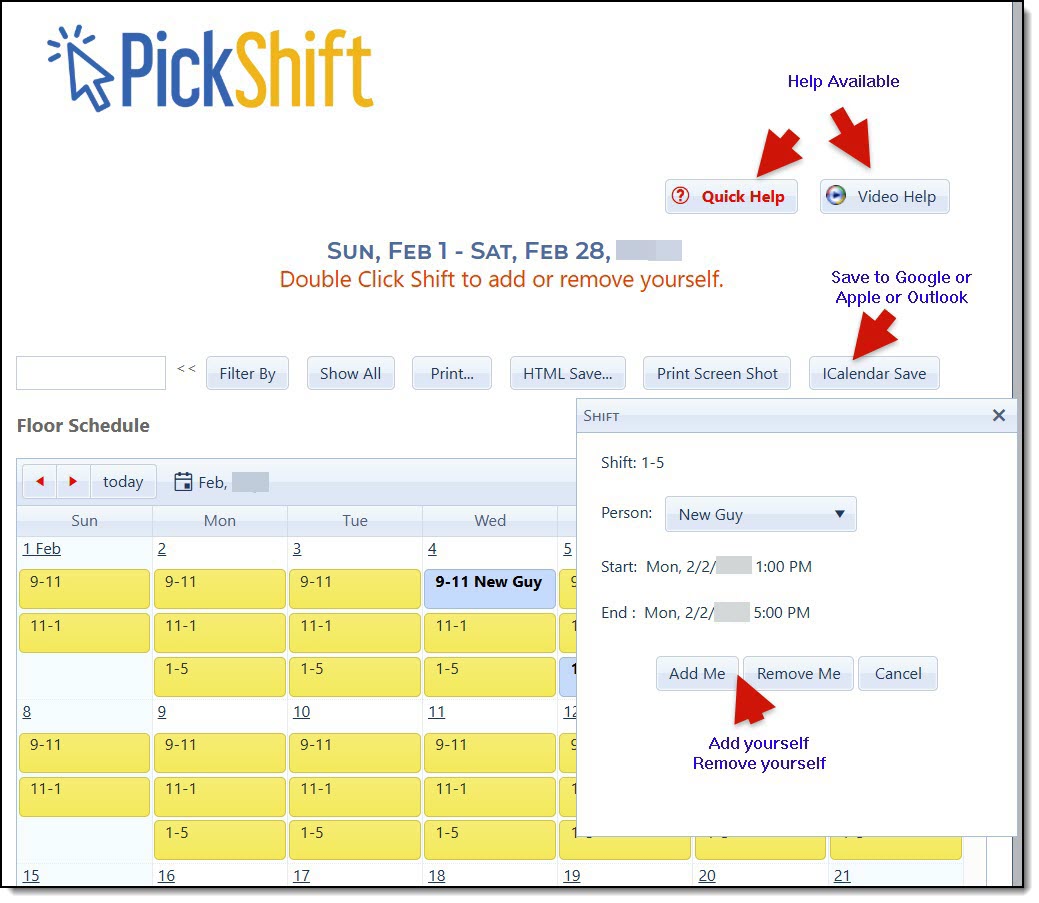 PickShift desktop schedule showing an agent selecting or removing themselves from a real estate floor duty shift