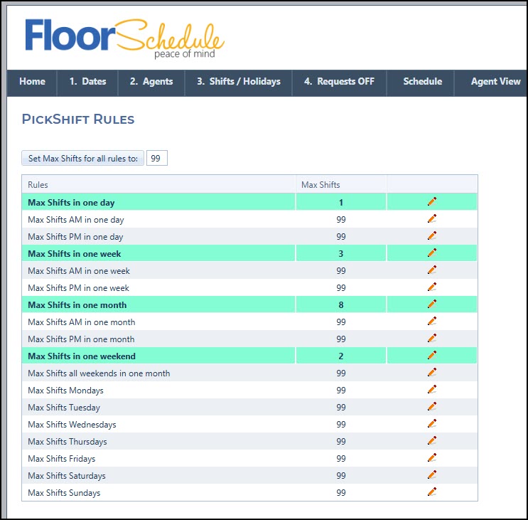 PickShift scheduling rules page showing office-wide limits for shifts per day, week, month, morning, afternoon, weekends and weekdays