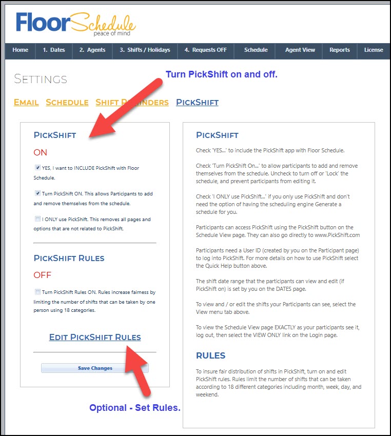 Floor Schedule PickShift settings page where the scheduler enables PickShift, agent self-scheduling and optional PickShift rules